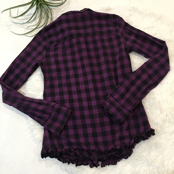 Victoria’s Secret Pink Plaid Ruffle button down purple black small - Picture 6 of 8